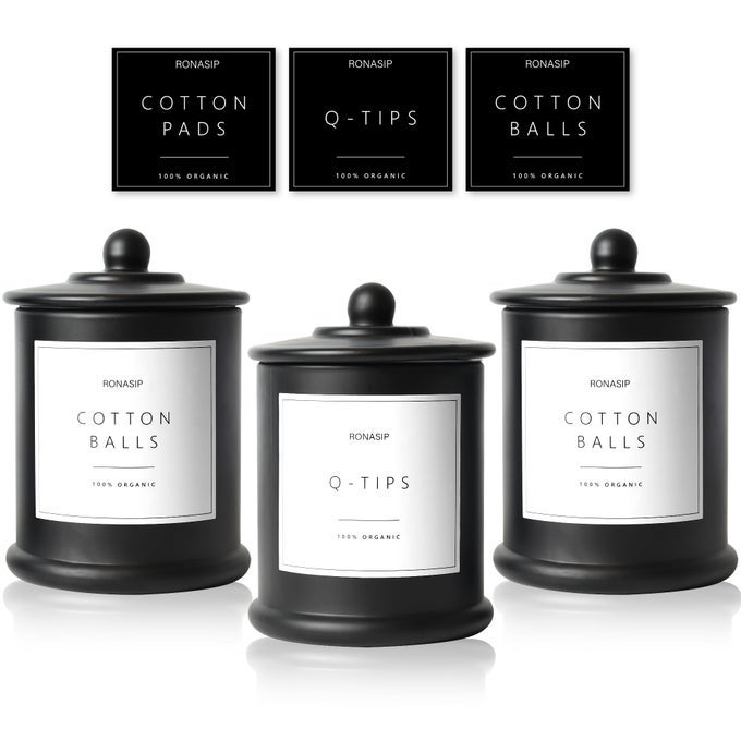 3 PACK QTIP HOLDER DISPENSER 16OZ BATHROOM ORGANIZER AND STORAGE CANISTERS GLASS APOTHECARY JARS WITH LID HOME DECOR ROOM DECOR AESTHETIC BLACK