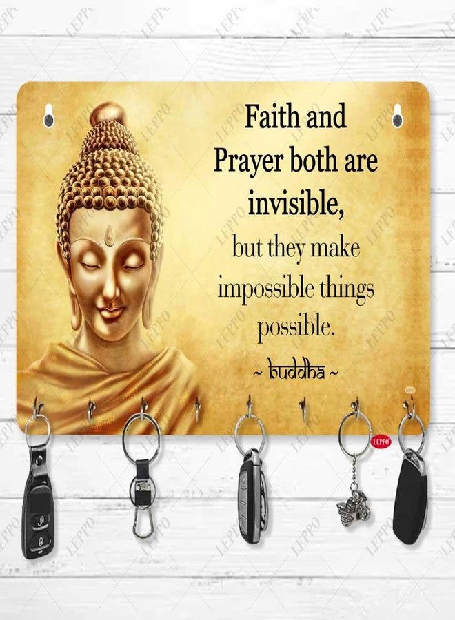 LEPPO Key Holder for Home Decor | Wooden Key Stand for Wall | Printed Lord Buddha Motivational Quote Keys Hanger Dl308 (15 x 23 cm) 8 Hooks - Image 1