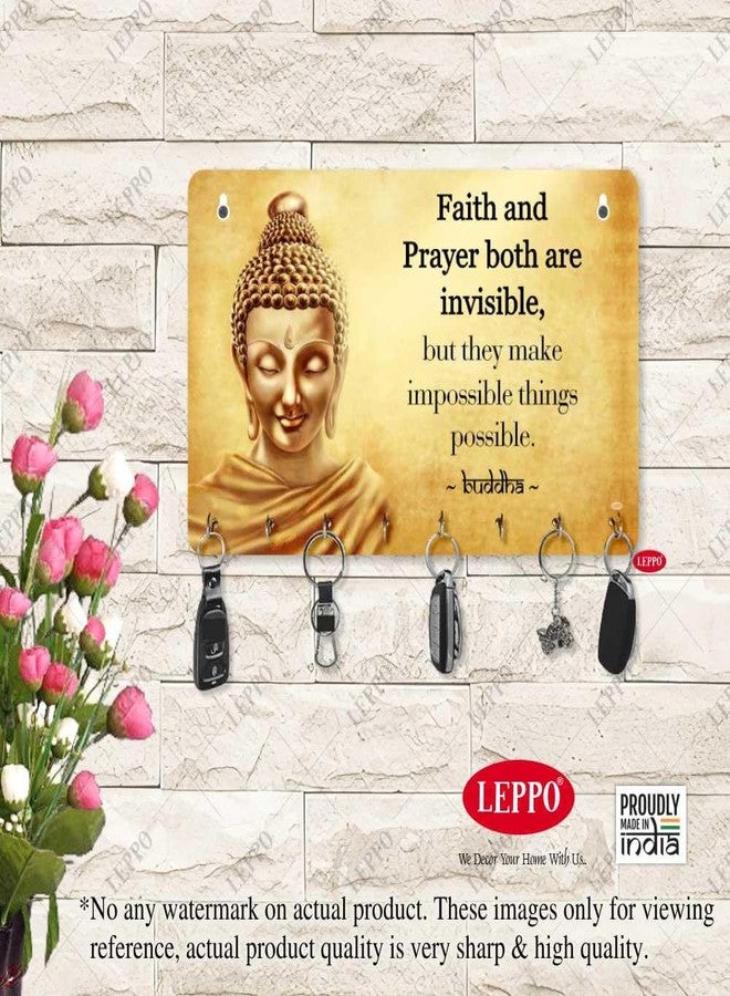 LEPPO Key Holder for Home Decor | Wooden Key Stand for Wall | Printed Lord Buddha Motivational Quote Keys Hanger Dl308 (15 x 23 cm) 8 Hooks - Image 2