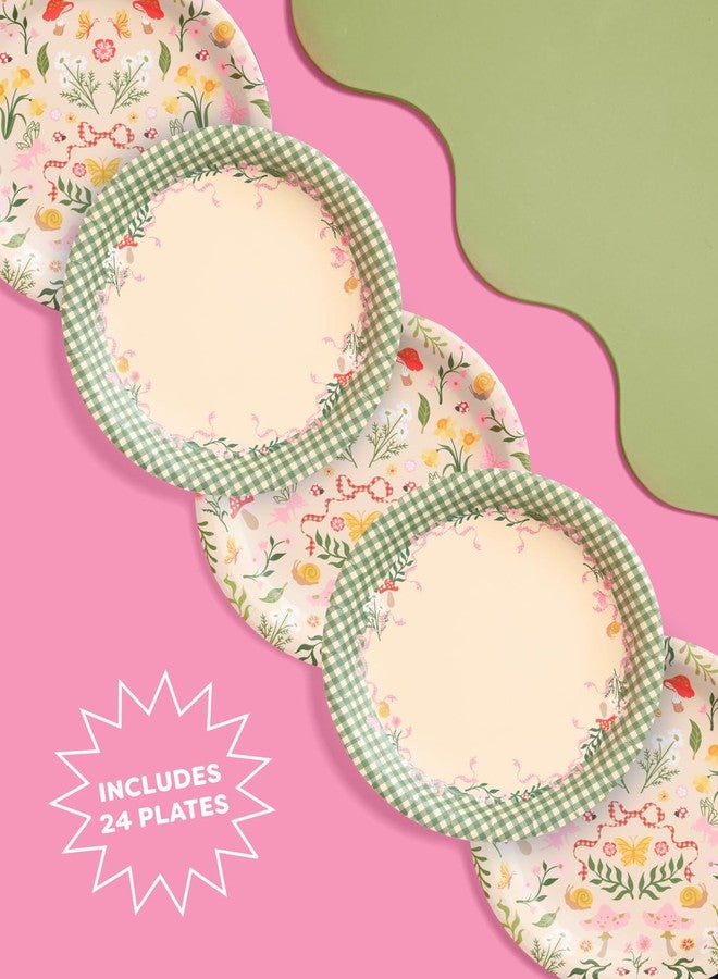 xo, Fetti Garden Fairy Plates - 24pk, 9" | Woodland Party Decorations, Tea Party, Kids Birthday, Butterfly, Sage Gingham, Pink Floral, Farmers Market - Image 3
