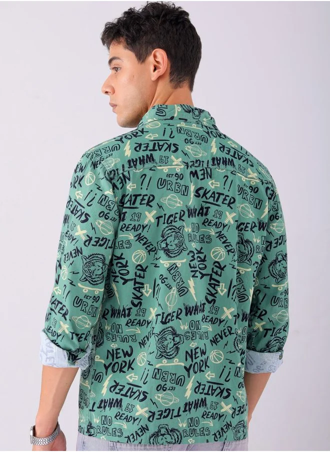 The Indian Garage Co Men Regular Fit Abstract Printed Full Sleeves Convertible Collar Street Wear Over Shirt