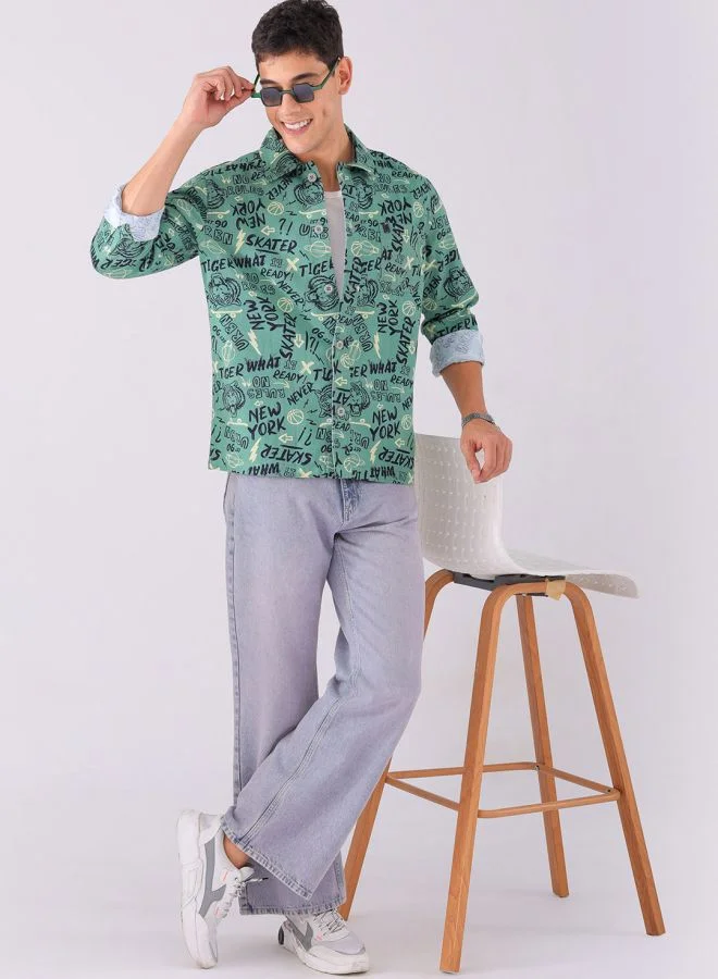 The Indian Garage Co Men Regular Fit Abstract Printed Full Sleeves Convertible Collar Street Wear Over Shirt