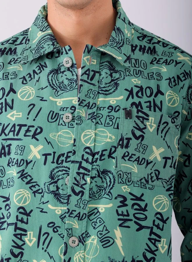 The Indian Garage Co Men Regular Fit Abstract Printed Full Sleeves Convertible Collar Street Wear Over Shirt