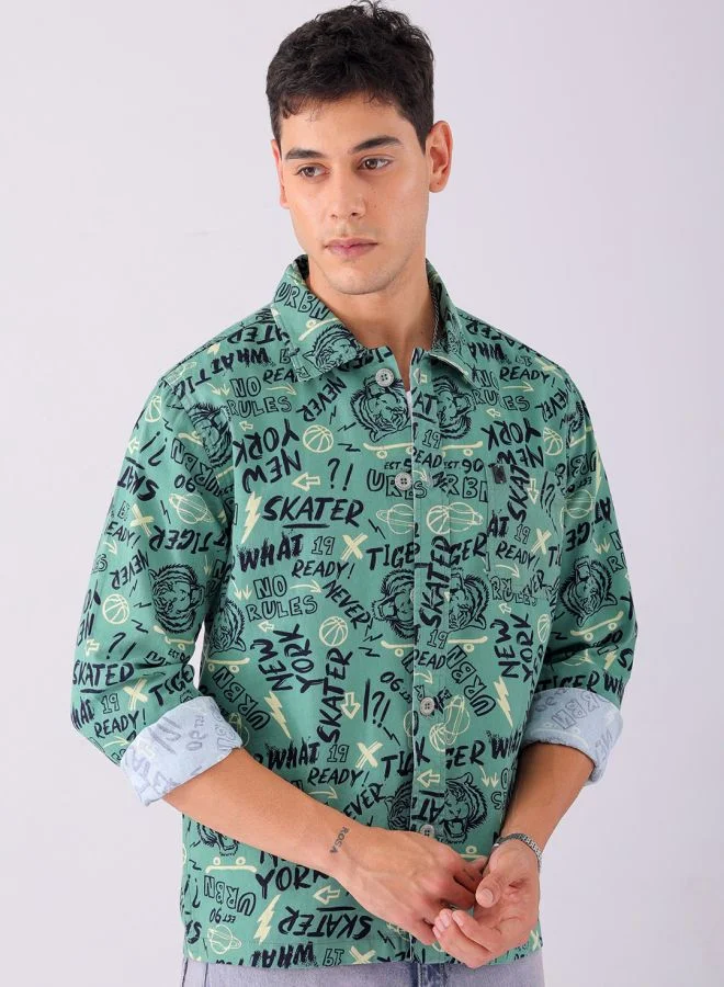 The Indian Garage Co Men Regular Fit Abstract Printed Full Sleeves Convertible Collar Street Wear Over Shirt