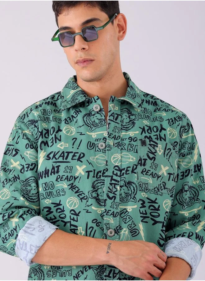 The Indian Garage Co Men Regular Fit Abstract Printed Full Sleeves Convertible Collar Street Wear Over Shirt