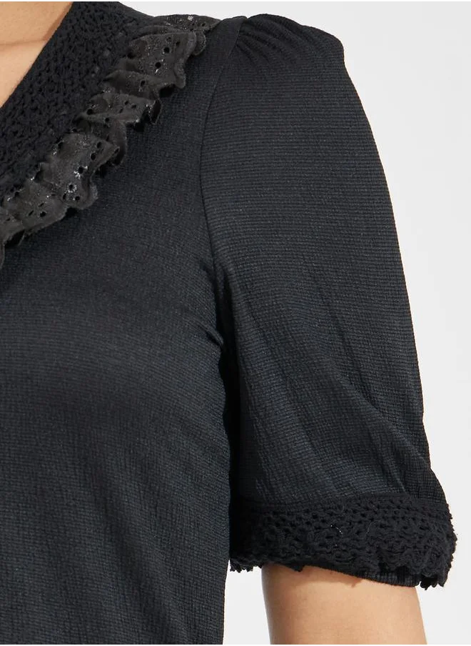 Styli Lace Insert Knit Top with Puff Sleeves