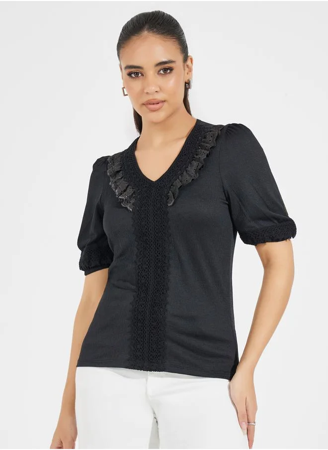 Styli Lace Insert Knit Top with Puff Sleeves