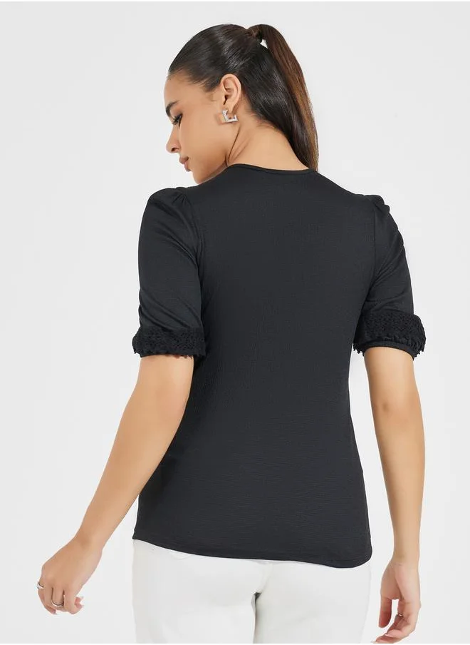 Styli Lace Insert Knit Top with Puff Sleeves