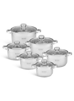 EDENBERG 12 Pcs Cookware Set | High-Grade Stainless Steel Pots, Cooking Bowl, Kitchen Serving Bowl, Biryani Pot | Pot with Glass Lids- Silver