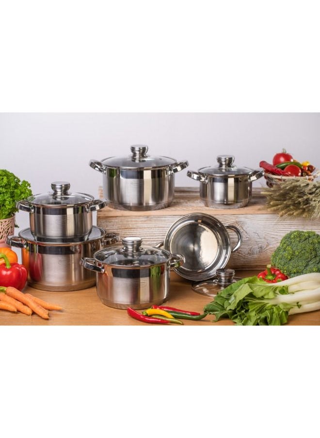 EDENBERG - EDENBERG 12 Pcs Cookware Set | High-Grade Stainless Steel Pots, Cooking Bowl, Kitchen Serving Bowl, Biryani Pot | Pot with Glass Lids- Silver - Image 1