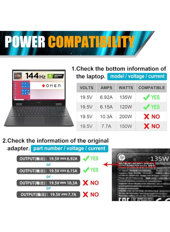 Terabyte محول طاقة 135 واط 19.5 فولت 6.9 أمبير لشاحن لابتوب متوافق مع HP Spectre x360 15t-df100 CTO، HP Pavilion Gaming 15 17 ec0013dx 15-ec0751ms L15534-001 TPN-DA11 TPN-CA13 كابل طاقة OMEN - Image 3