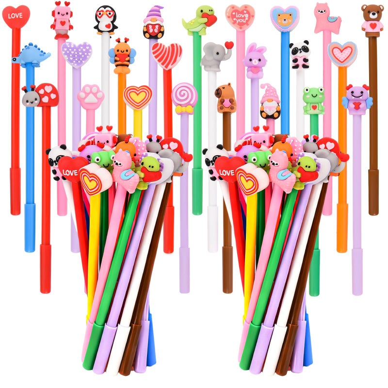 LiYiQ 50 Pcs Valentine's Day Animal Gel Ink Pen Fun Pens Kawaii Heart Capybara Frog Panda Shape Black Pen, Cute Pens for Office Home Student Present - Image 1