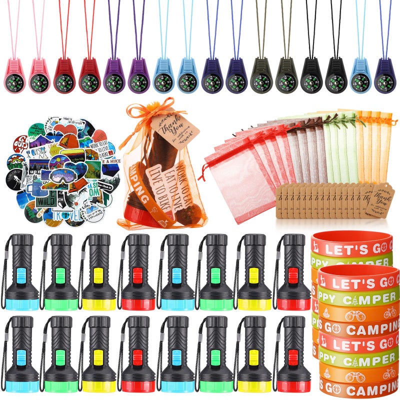 Fumete 130 Pcs Camping Party Favors Happy Camper Party with Silicone Bracelets Mini Compass Mini Flashlight Keychains Stickers Bag and Tag Adventure Friend Birthday Classic Style