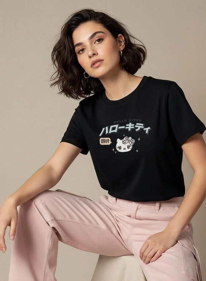 اس بي كاركترز Cotton T shirt with Hello Kitty Embroidery