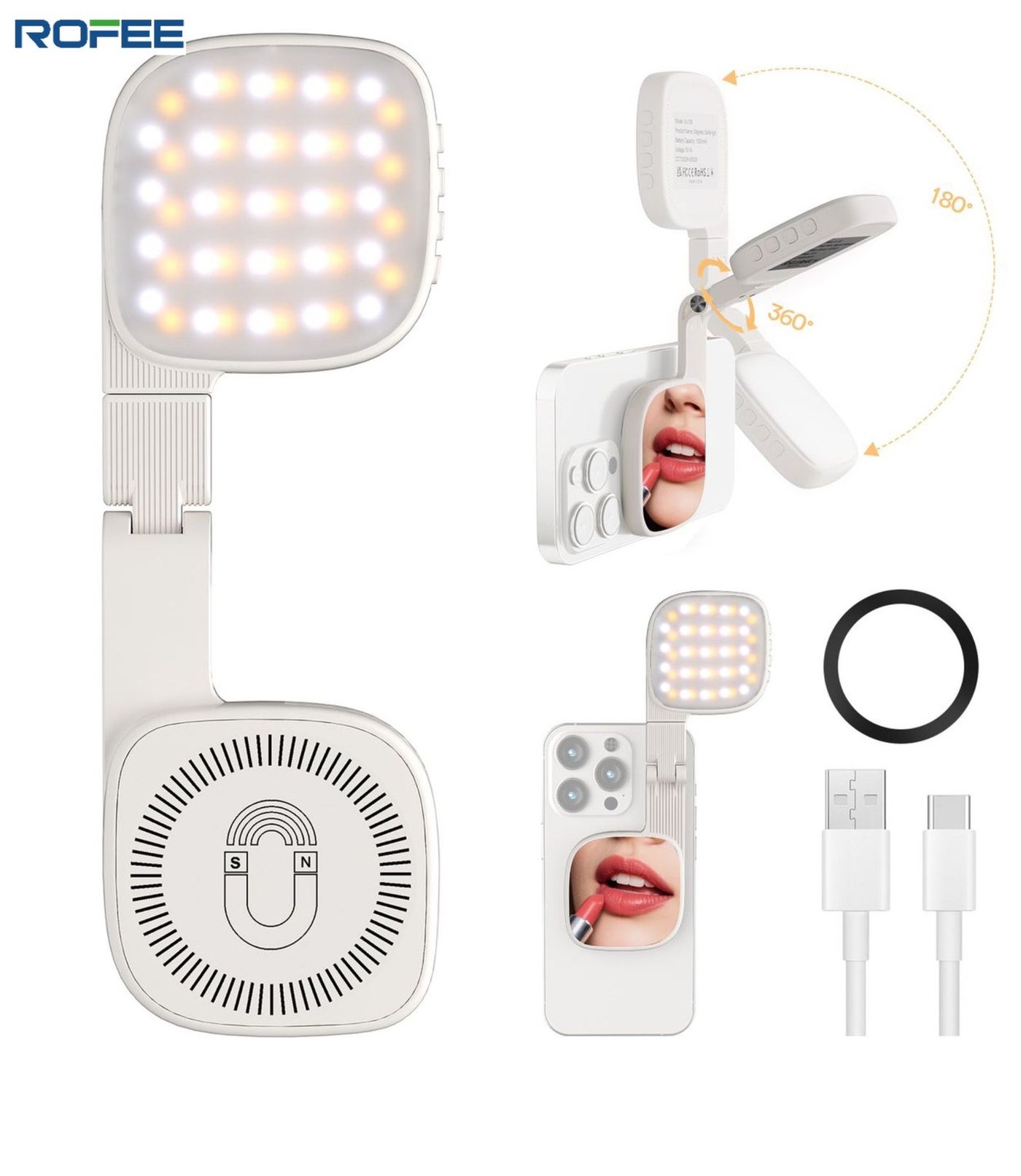 Rofee Magnetic Seifie Light With Full Screen Makeup Mirror ,48 LEDS , 10 levels, 3 color Models,Adjustable Angles,USB C Rechargeble , Compatible with Magsafe & All Phone for Zoom , Makeup, Photography,Video Calls (WHITE)