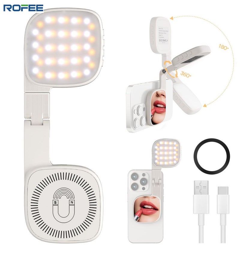 Rofee Magnetic Seifie Light With Full Screen Makeup Mirror ,48 LEDS , 10 levels, 3 color Models,Adjustable Angles,USB C Rechargeble , Compatible with Magsafe  & All Phone for Zoom , Makeup, Photography,Video Calls (WHITE) - Image 1