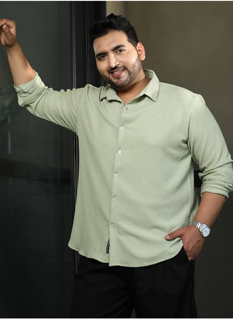 انستافاب بلس Instafab Plus Men's Mint Green Weave-Tactile Shirt For Casual Wear | Spread Collar | Long Cuffed Sleeves | Button Closure | Plus Size Shirt Crafted With Comfort Fit For Everyday Wear