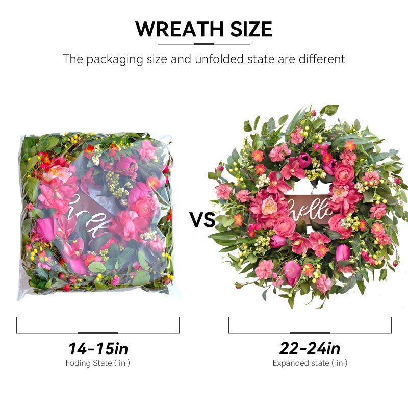 wreathqueen Spring Wreaths for Front Door 24 Inch with Hello Sign,Artificial Summer Wreath with Pink Peony and Orchid,Indoor and Outdoor Wreath for Farmhouse Wall Home Porch Decor - Image 5