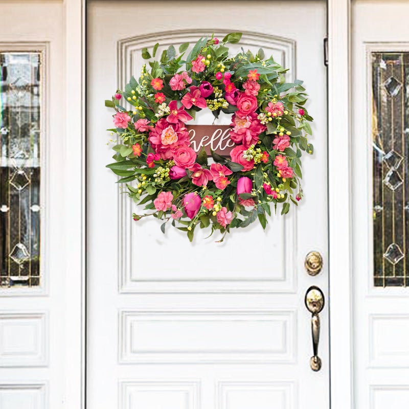 wreathqueen Spring Wreaths for Front Door 24 Inch with Hello Sign,Artificial Summer Wreath with Pink Peony and Orchid,Indoor and Outdoor Wreath for Farmhouse Wall Home Porch Decor - Image 2