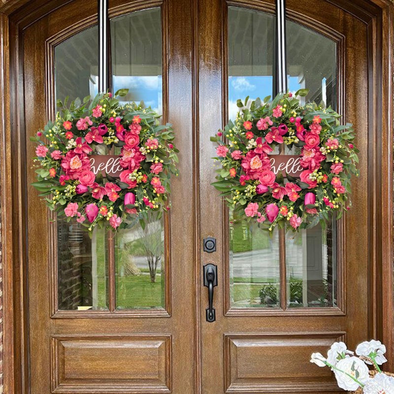 wreathqueen Spring Wreaths for Front Door 24 Inch with Hello Sign,Artificial Summer Wreath with Pink Peony and Orchid,Indoor and Outdoor Wreath for Farmhouse Wall Home Porch Decor - Image 3