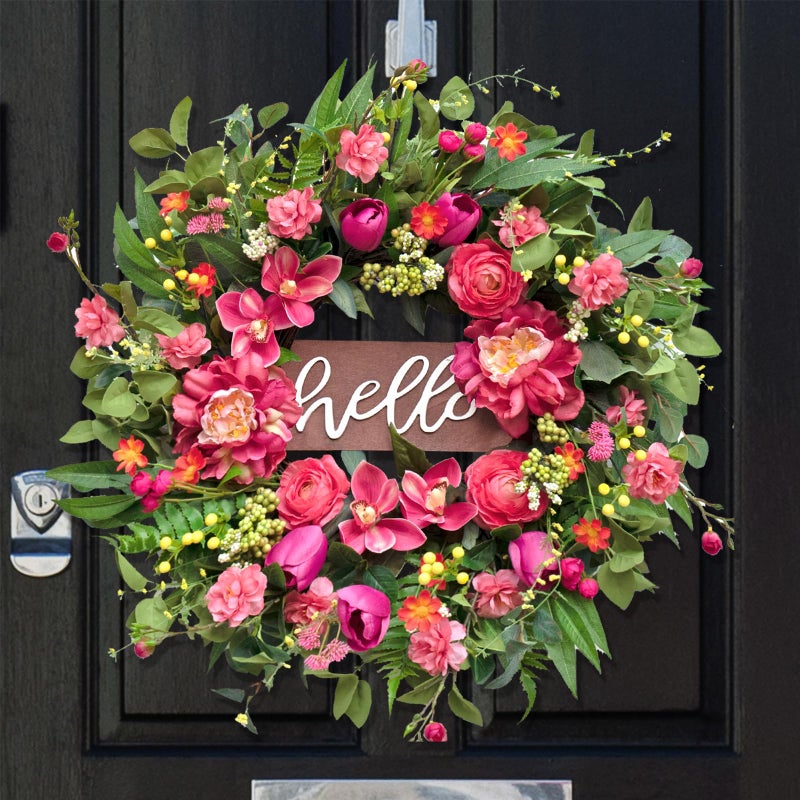 wreathqueen Spring Wreaths for Front Door 24 Inch with Hello Sign,Artificial Summer Wreath with Pink Peony and Orchid,Indoor and Outdoor Wreath for Farmhouse Wall Home Porch Decor - Image 1
