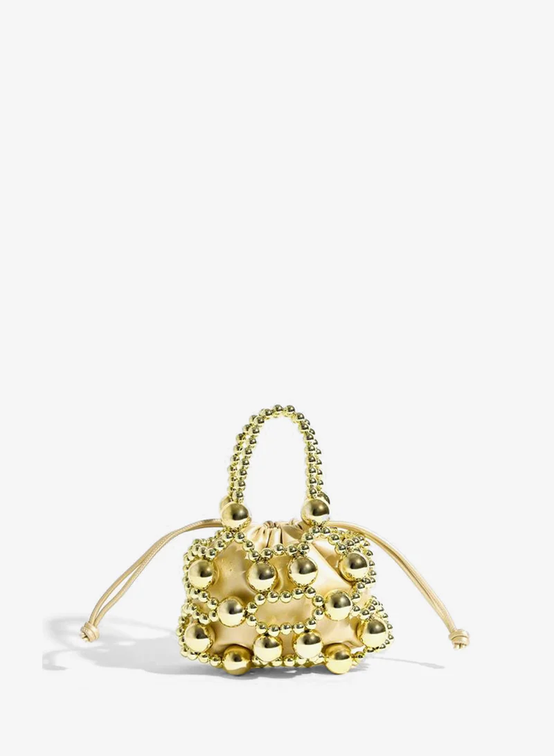 Gold Tone Beads Embellished Drawstring Bag