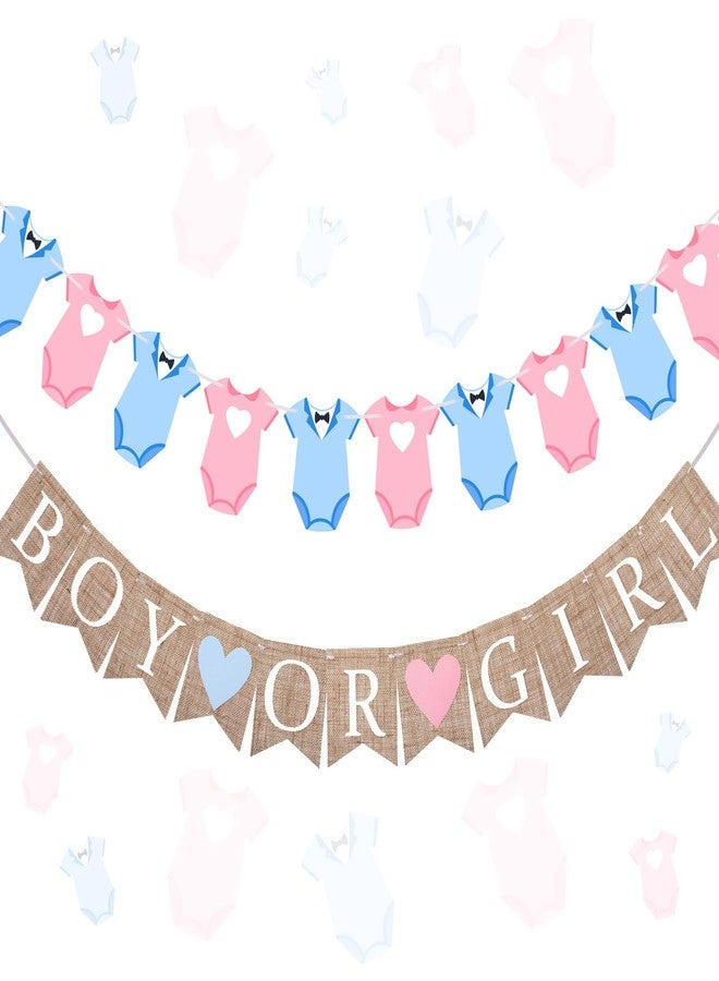 Trandraft 2 Pcs Gender Reveal Party Decorations Pre-Strung Boy or Girl Burlap Baby Shower Banner and Bodysuits Clothesline Garland Baby Outfit for Gender Reveal Birthday Baby Shower Party Decorations - Image 1