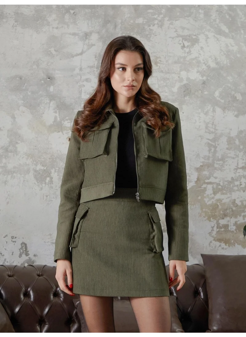Juste Velvet Pocket Detail Mini Skirt Khaki