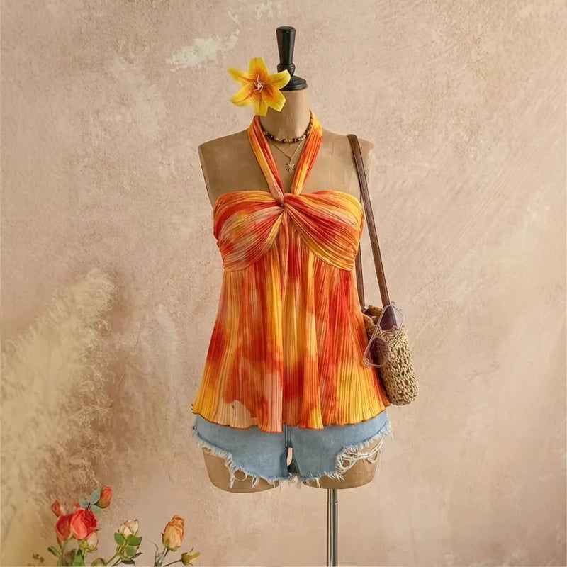 Women's Summer Tie-Dye Halter Neck Slim Fit Ruched Camisole Top - Image 1