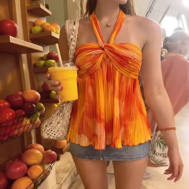 Women's Summer Tie-Dye Halter Neck Slim Fit Ruched Camisole Top - Image 3