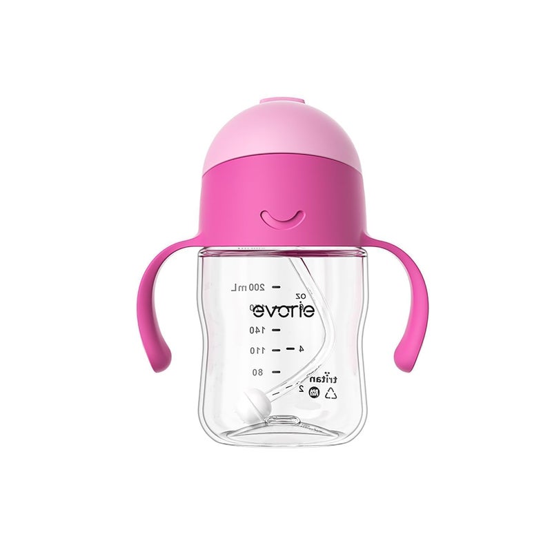 Evorie Tritan Weighted Straw Sippy Cup with Handles for Baby and Toddlers 6 months up 7 Oz Soft Silicone Straw Infant First Training Water Bottle Strawberry