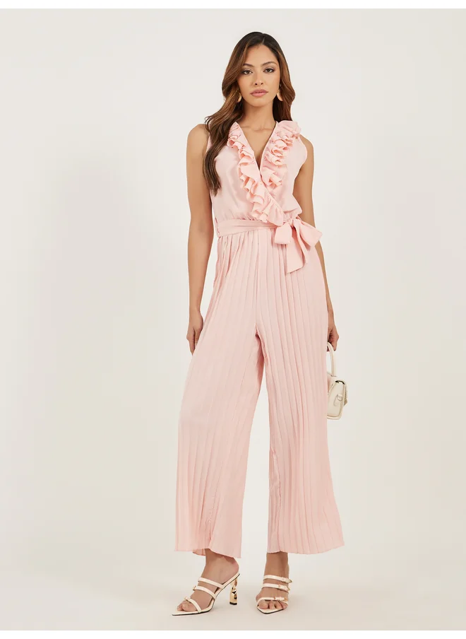 ستايلي Styli Solid Wrap Look Pleated Wide Leg Jumpsuit