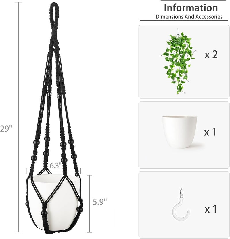 Mkono Fake Hanging Plant with Pot, Artificial Plants for Home Decor Indoor Macrame Plant Hanger with Fake Vines Faux Hanging Planter Greenery for Bedroom Bathroom Kitchen Office Decor (1, Black) - Image 1