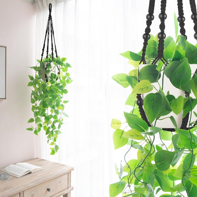 Mkono Fake Hanging Plant with Pot, Artificial Plants for Home Decor Indoor Macrame Plant Hanger with Fake Vines Faux Hanging Planter Greenery for Bedroom Bathroom Kitchen Office Decor (1, Black) - Image 3
