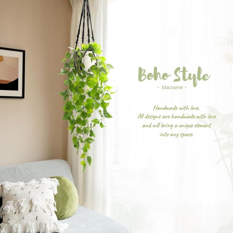 Mkono Fake Hanging Plant with Pot, Artificial Plants for Home Decor Indoor Macrame Plant Hanger with Fake Vines Faux Hanging Planter Greenery for Bedroom Bathroom Kitchen Office Decor (1, Black) - Image 2