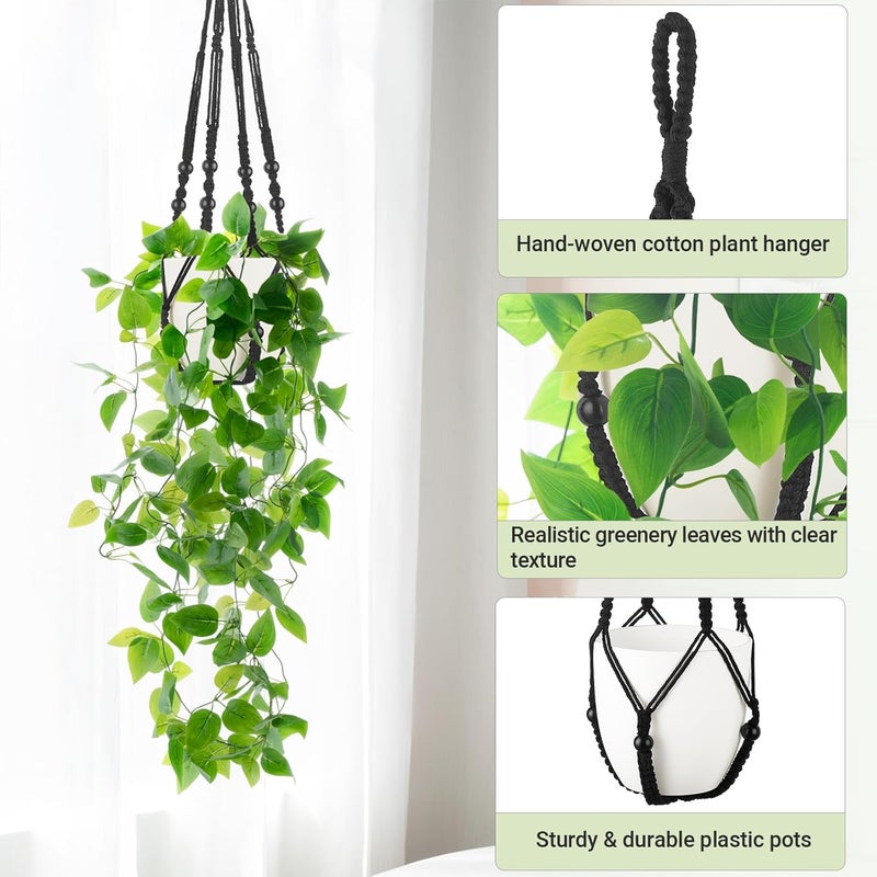 Mkono Fake Hanging Plant with Pot, Artificial Plants for Home Decor Indoor Macrame Plant Hanger with Fake Vines Faux Hanging Planter Greenery for Bedroom Bathroom Kitchen Office Decor (1, Black) - Image 4