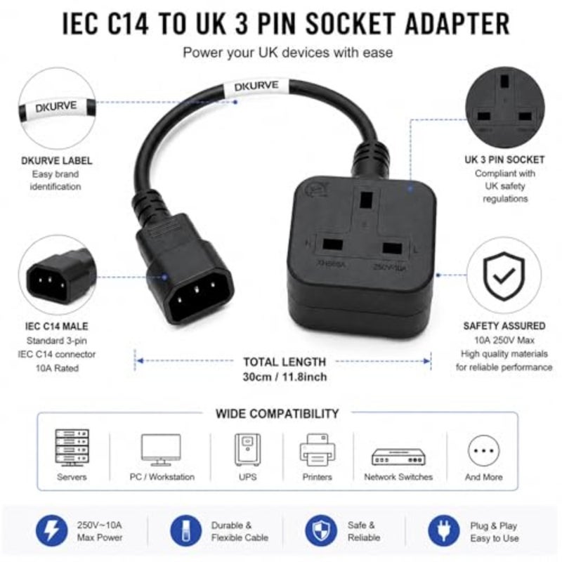 IEC C14 male plug to UK 13A female socket power extension cable for PDU/UPS, PVC black, 30cm length, 250V 13A rated - Image 2