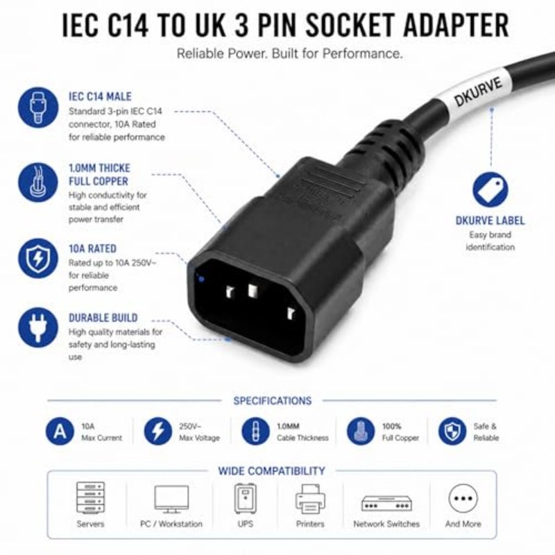 IEC C14 male plug to UK 13A female socket power extension cable for PDU/UPS, PVC black, 30cm length, 250V 13A rated - Image 3