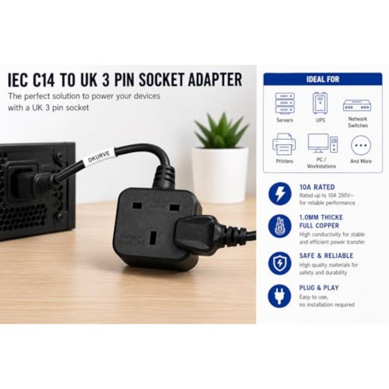 IEC C14 male plug to UK 13A female socket power extension cable for PDU/UPS, PVC black, 30cm length, 250V 13A rated - Image 4