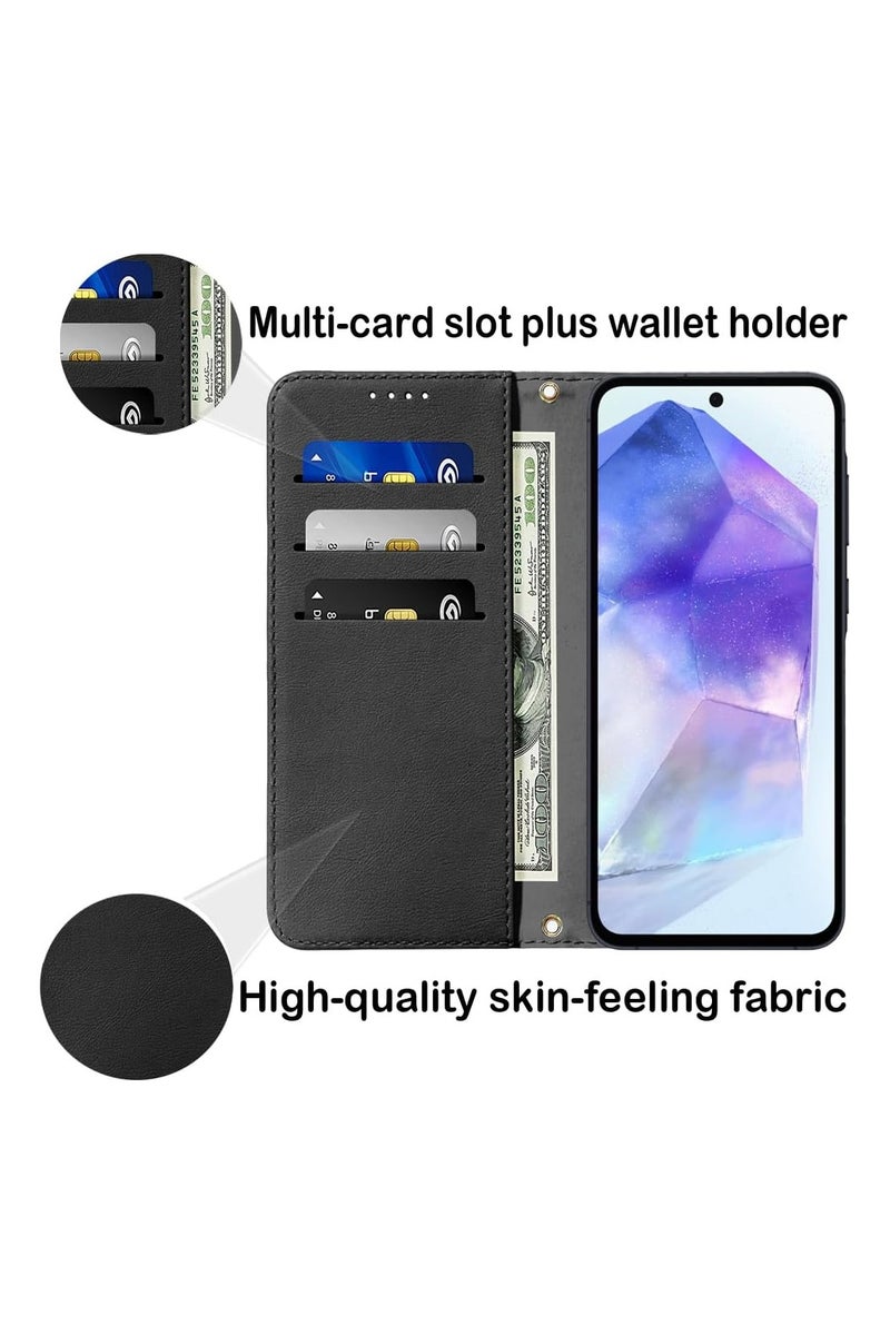 VKL Samsung Galaxy A56 5G Flip Cover PU Leather Magnetic Closure Kickstand Wallet Case Card Holder Shockproof Flip Cases - Black - Image 4