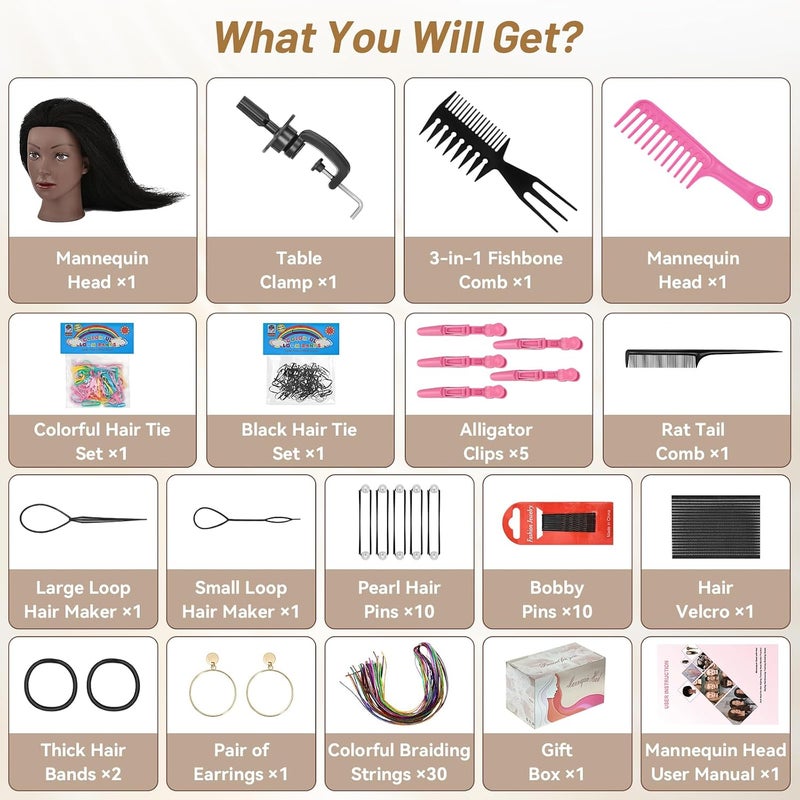 TwoWin Mannequin Head Human Hair, 18" Manikin Head with 100% Human Hair Cosmetology Doll Head for Hairdresser Practice Braiding Hair Styling with Table Clamp Stand, Hair Style Kits - Image 2
