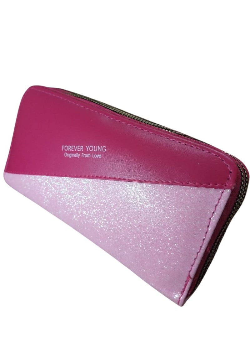Elegant Long Evening Wallet – Half Glossy & Half Leather with Dual Zippers - Image 1