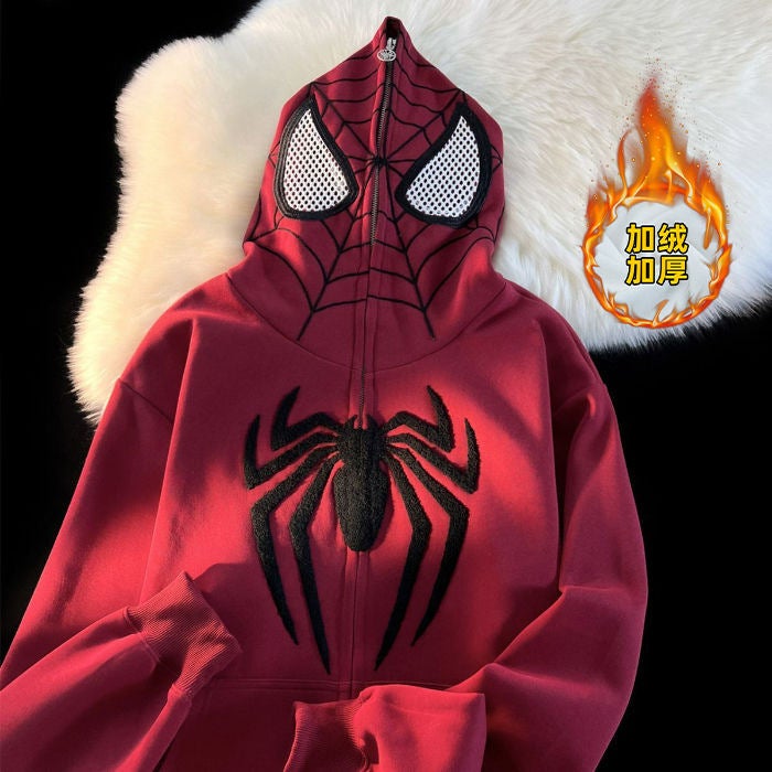 Autumn and Winter American Retro Niche Design Spider-Man Hooded Sweatshirt Zipper Cardigan National Trend High Street Loose Jacket High Burgundy plus velvet 360g 