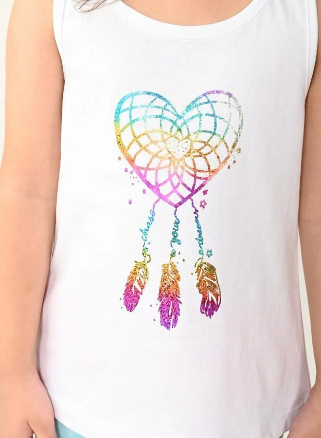 بونكيدز Regular Fit Printed White And Multicolour Cotton Sets For Girls Round Neck Flat Collar Pull On 100 % Cotton