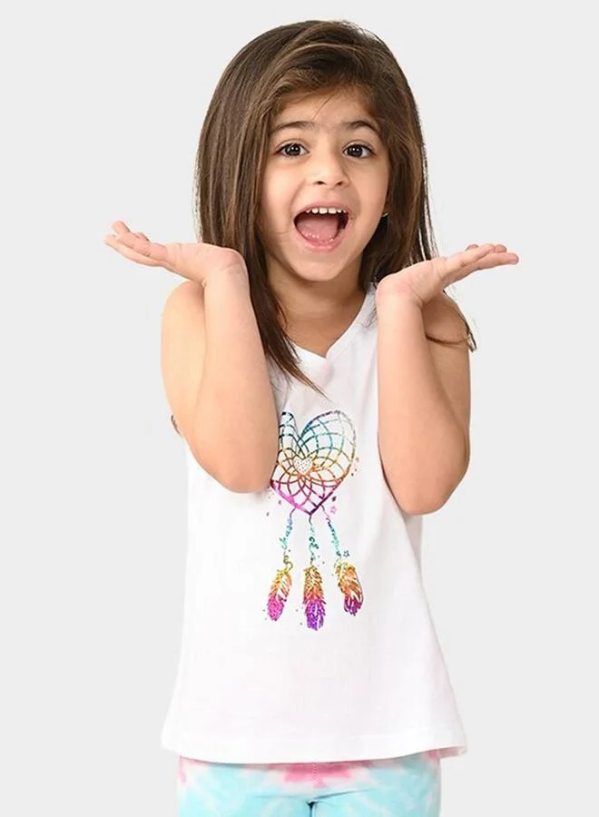 بونكيدز Regular Fit Printed White And Multicolour Cotton Sets For Girls Round Neck Flat Collar Pull On 100 % Cotton