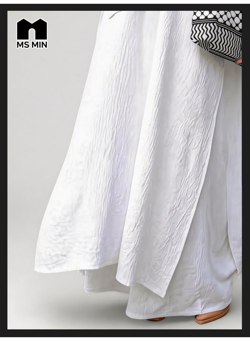 MS MIN 3 Piece Keffiyeh Abaya Set for Women, White Oversized Modest Wear with Wide Leg Pants & Matching Tote Bag, Patterned Cuff Abaya - Image 5