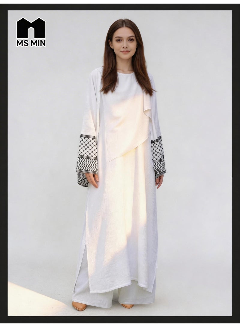 MS MIN 3 Piece Keffiyeh Abaya Set for Women, White Oversized Modest Wear with Wide Leg Pants & Matching Tote Bag, Patterned Cuff Abaya - Image 2