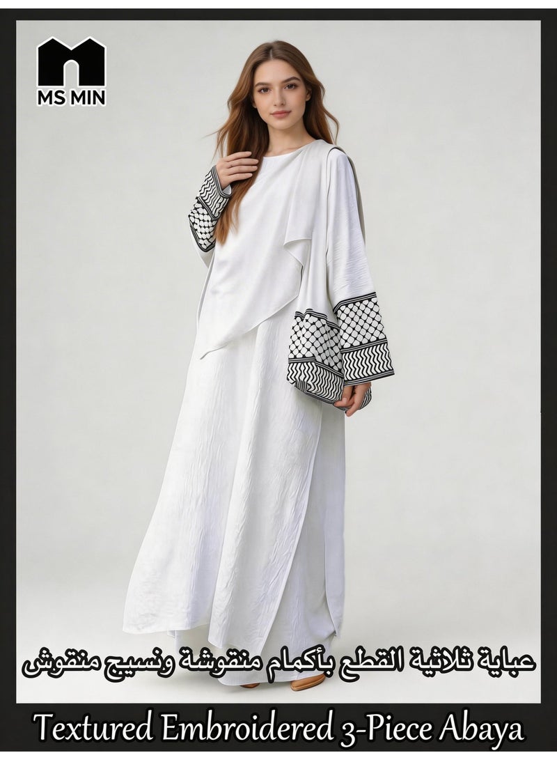 MS MIN 3 Piece Keffiyeh Abaya Set for Women, White Oversized Modest Wear with Wide Leg Pants & Matching Tote Bag, Patterned Cuff Abaya - Image 1