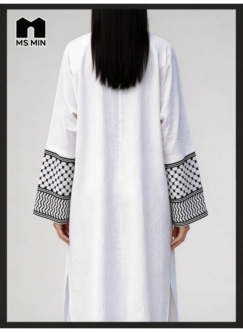 MS MIN 3 Piece Keffiyeh Abaya Set for Women, White Oversized Modest Wear with Wide Leg Pants & Matching Tote Bag, Patterned Cuff Abaya - Image 3