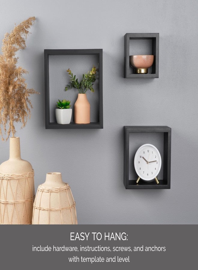 MELANNCO Floating Wall Square Cube Shelves for Bedroom, Living Room, Bathroom, Kitchen - Wood, Set of 3, Black - Image 4